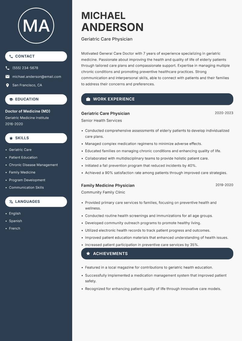 General Care Doctor resume sample — Geriatric Care Physician focus