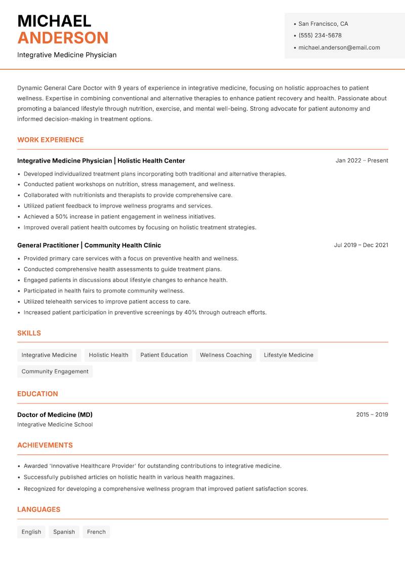 General Care Doctor resume sample — Integrative Medicine Physician focus