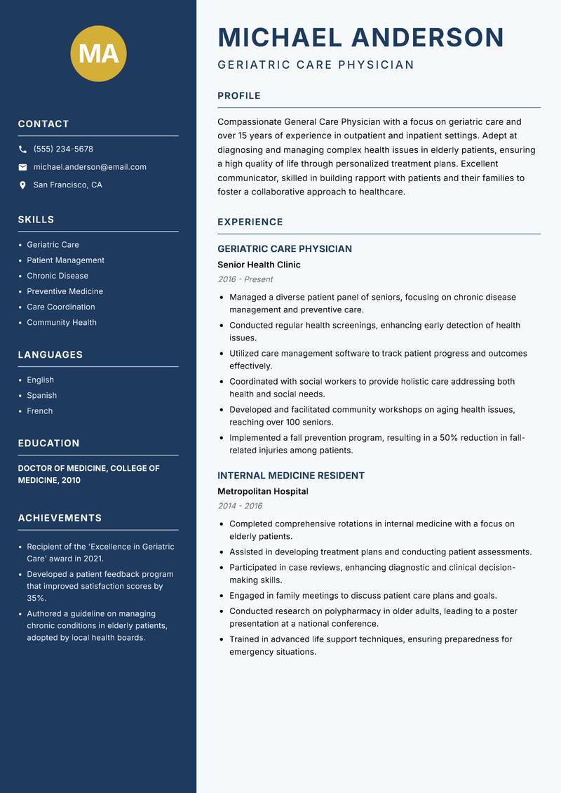 General Care Physician resume sample — Geriatric Care Physician focus