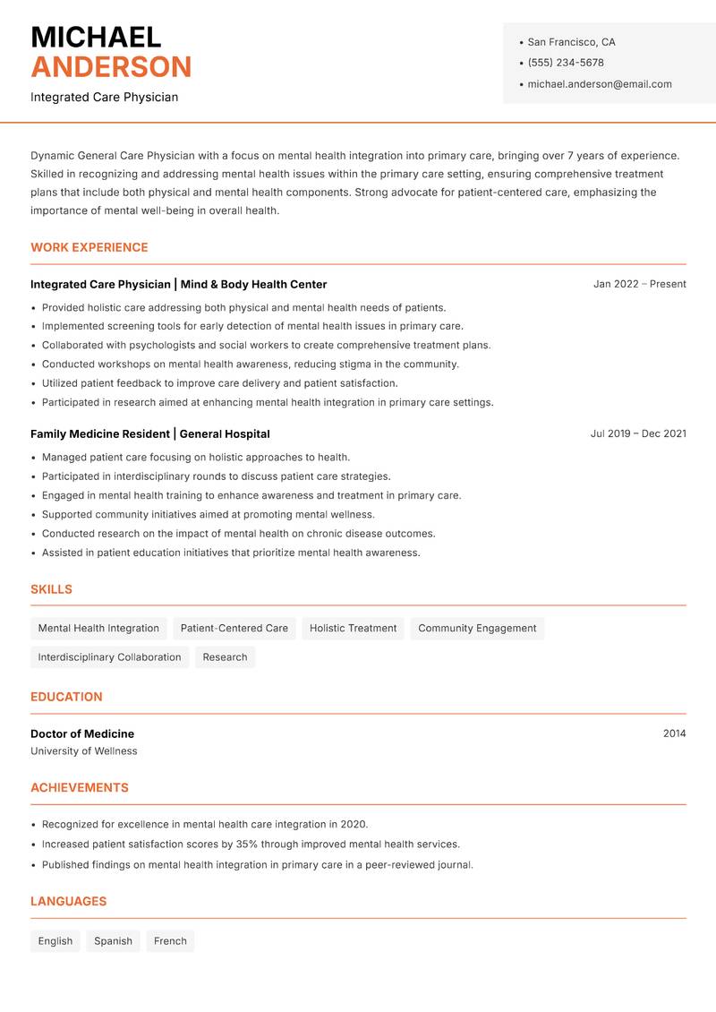 General Care Physician resume sample — Integrated Care Physician focus
