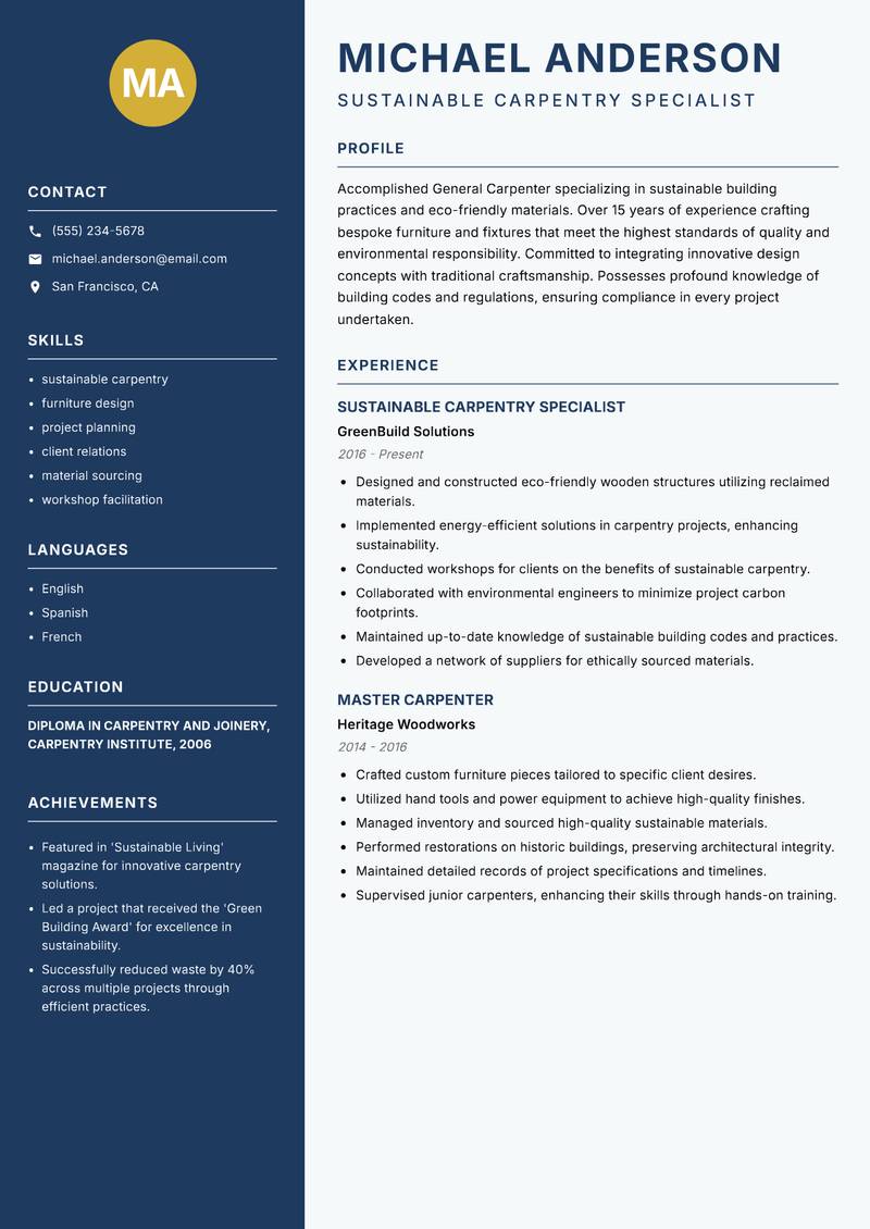 General Carpenter resume sample — Sustainable Carpentry Specialist focus