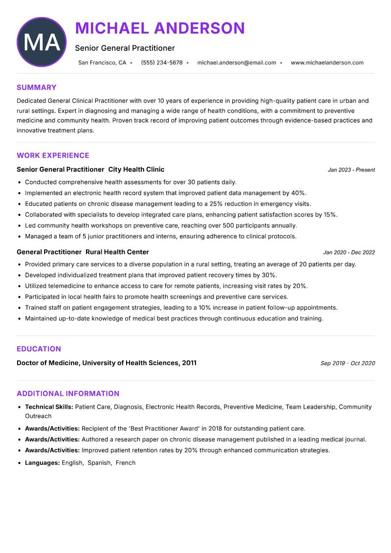 General Clinical Practitioner resume example