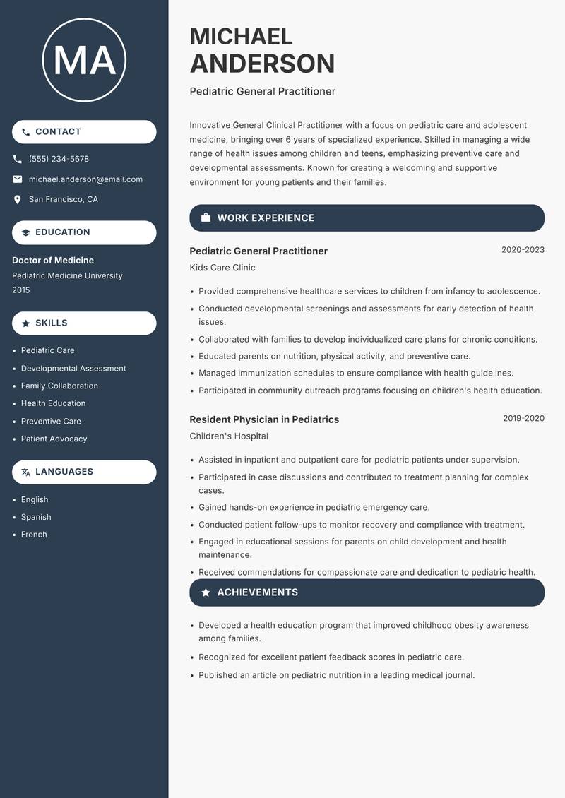General Clinical Practitioner resume sample — Pediatric General Practitioner focus