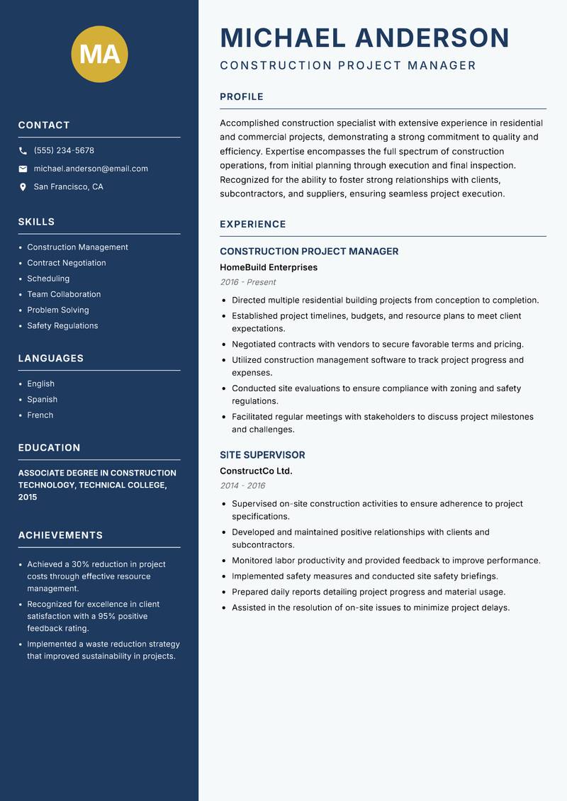 General Construction Worker resume sample — Construction Project Manager focus