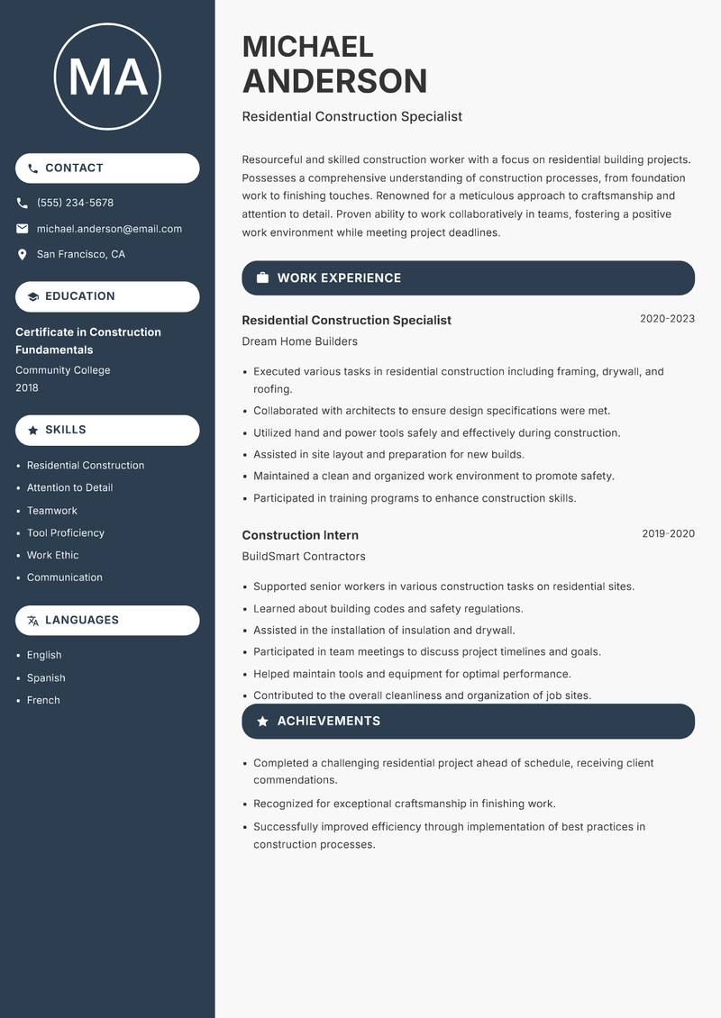 General Construction Worker resume sample — Residential Construction Specialist focus
