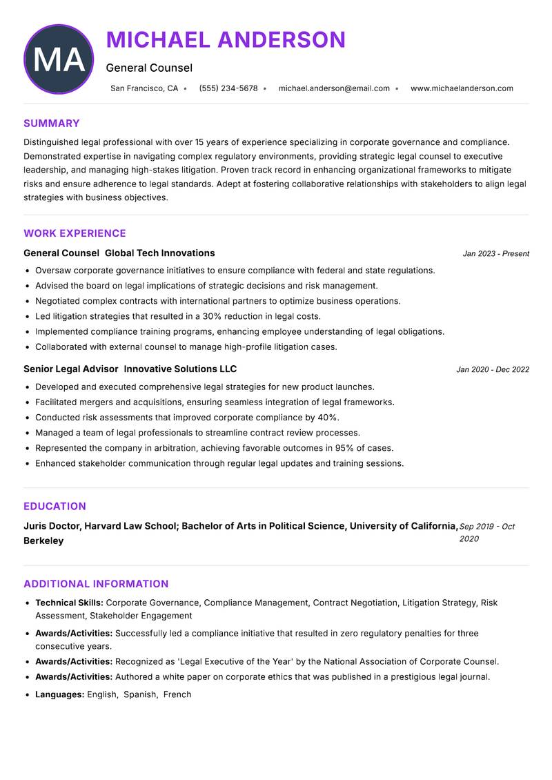 General Counsel resume example