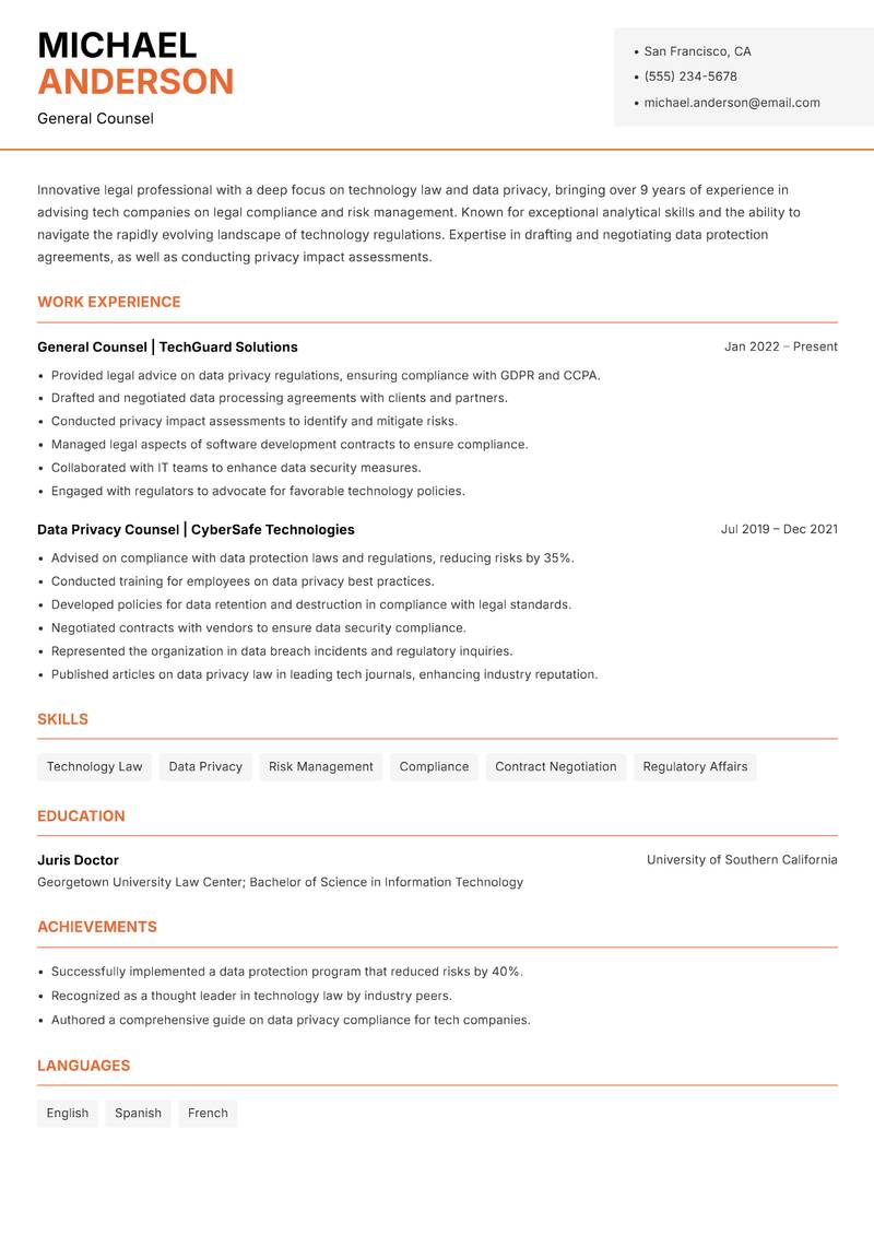 General Counsel resume sample — General Counsel focus