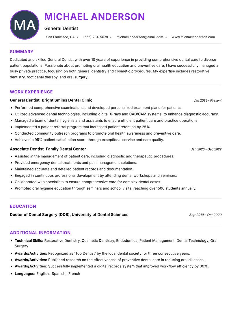 General Dentist resume example
