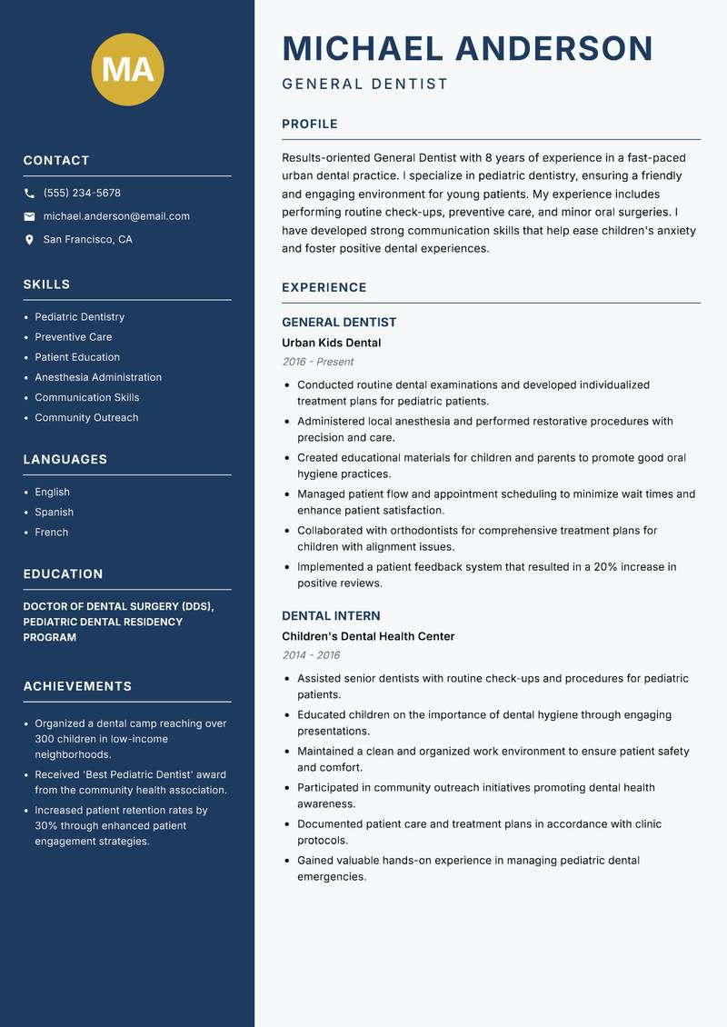 General Dentist resume sample — General Dentist focus