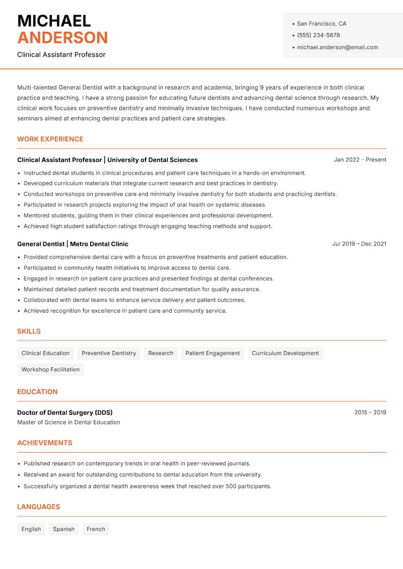 General Dentist resume sample — Clinical Assistant Professor focus