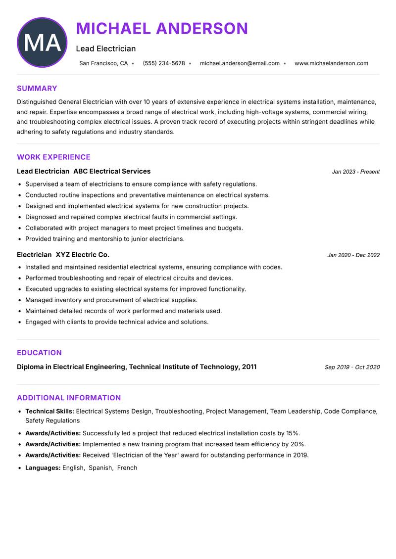 General Electrician resume example
