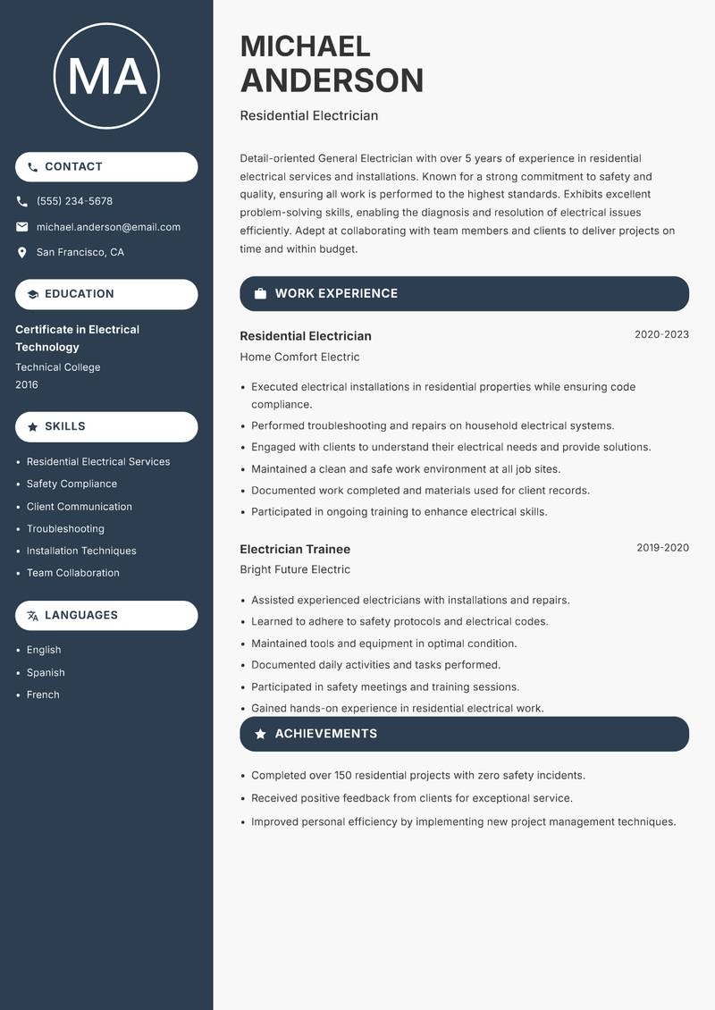 General Electrician resume sample — Residential Electrician focus