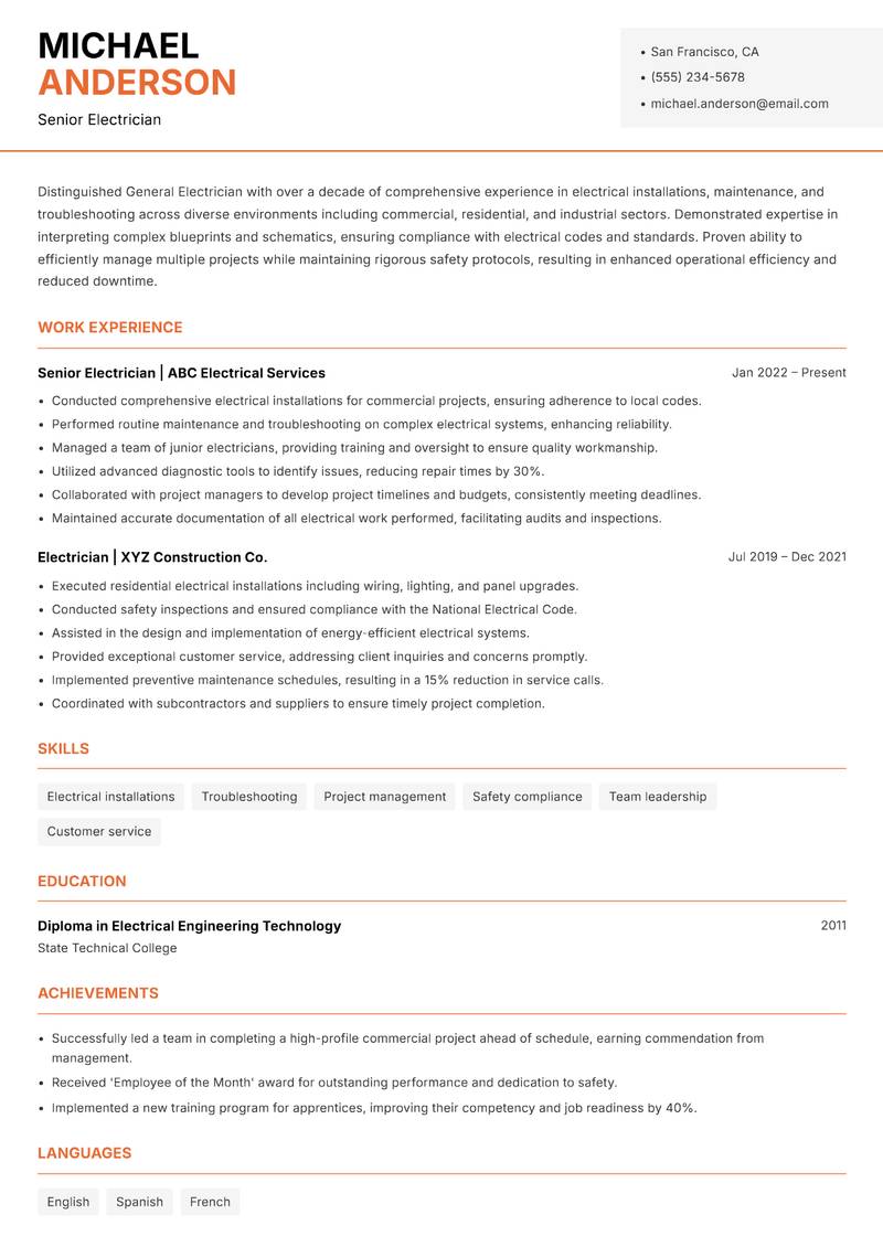 General Electrician resume sample — Senior Electrician focus