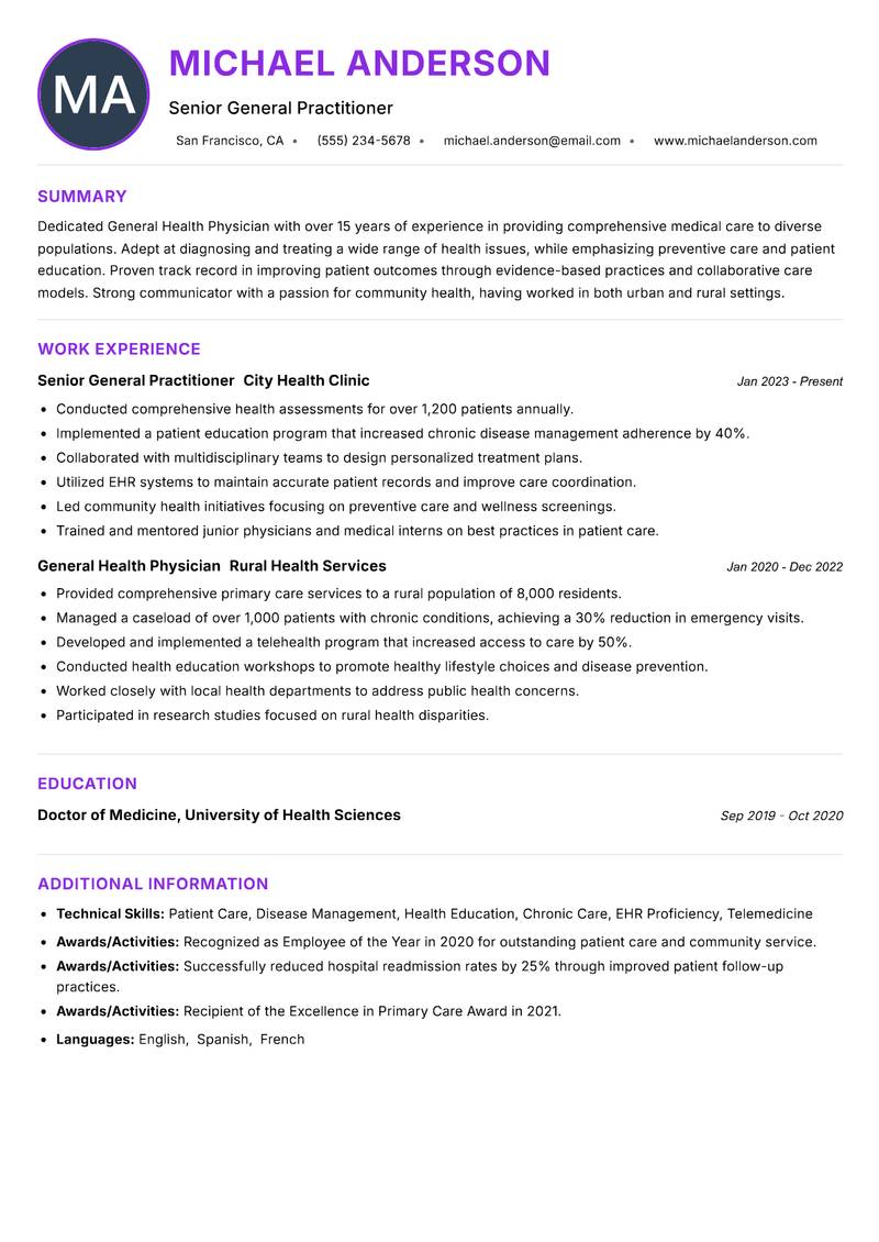 General Health Physician resume example