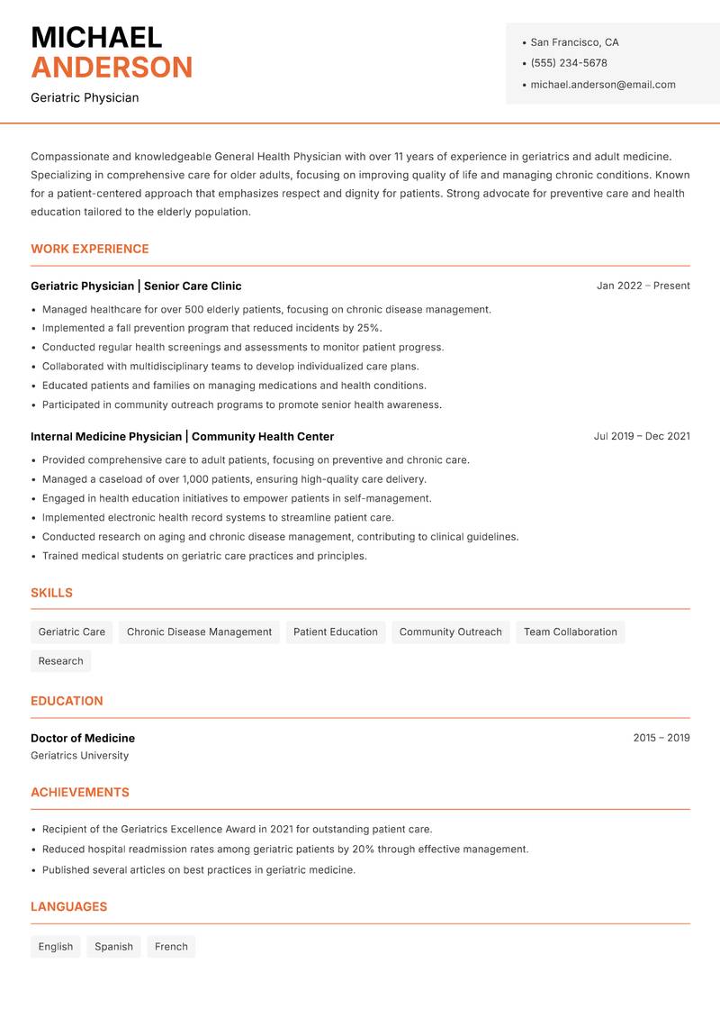 General Health Physician resume sample — Geriatric Physician focus