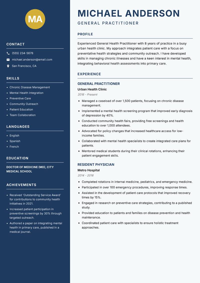 General Health Practitioner resume sample — General Practitioner focus