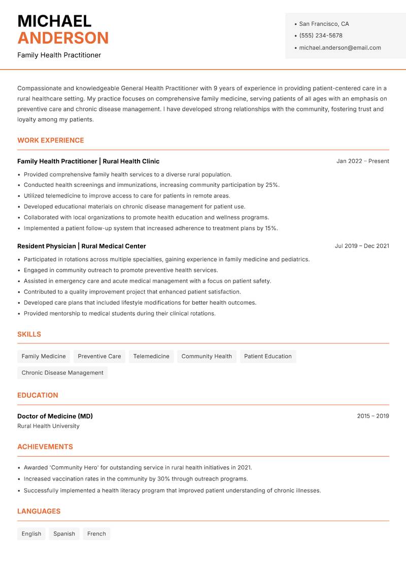 General Health Practitioner resume sample — Family Health Practitioner focus