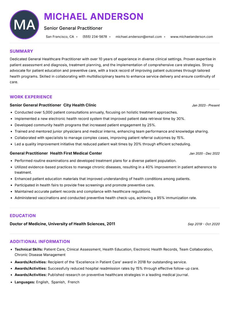 General Healthcare Practitioner resume example