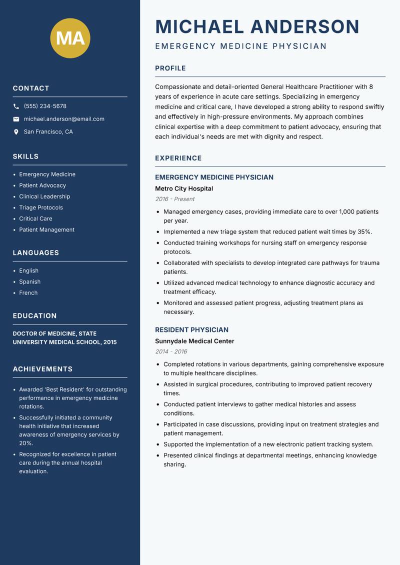 General Healthcare Practitioner resume sample — Emergency Medicine Physician focus