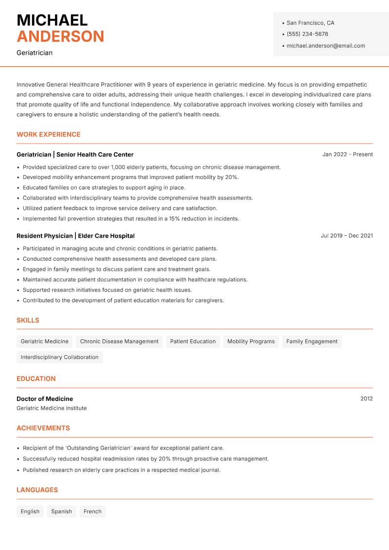 General Healthcare Practitioner resume sample — Geriatrician focus