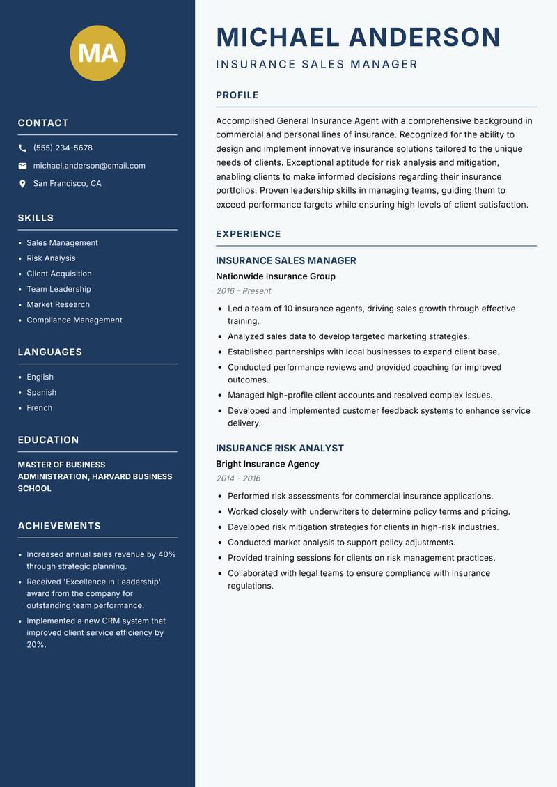 General Insurance Agent resume sample — Insurance Sales Manager focus