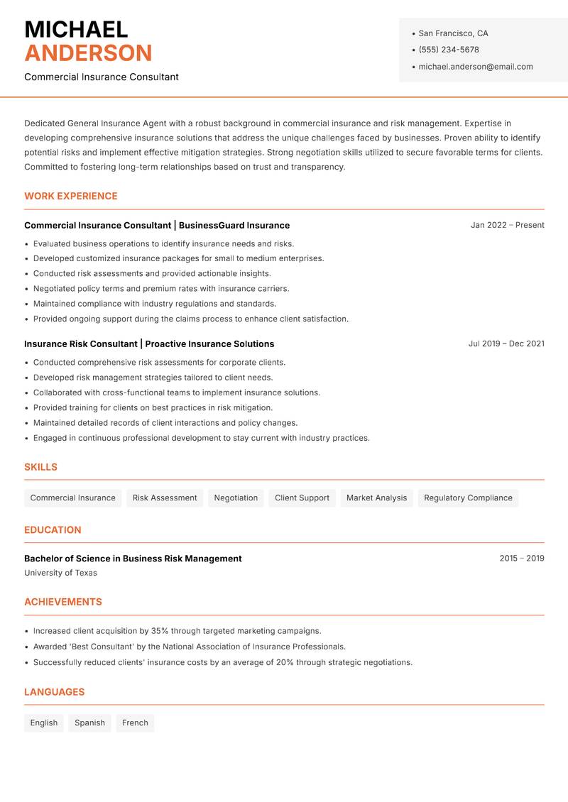 General Insurance Agent resume sample — Commercial Insurance Consultant focus