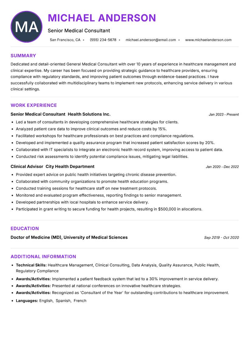 General Medical Consultant resume example