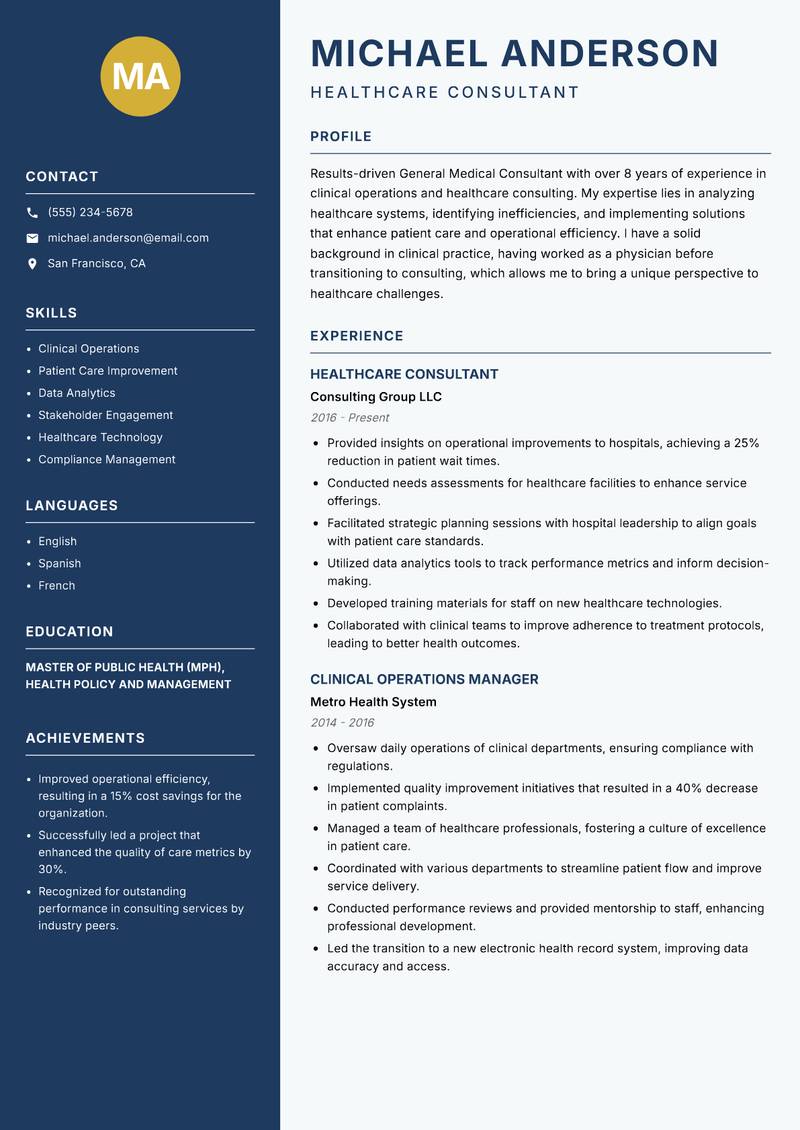 General Medical Consultant resume sample — Healthcare Consultant focus