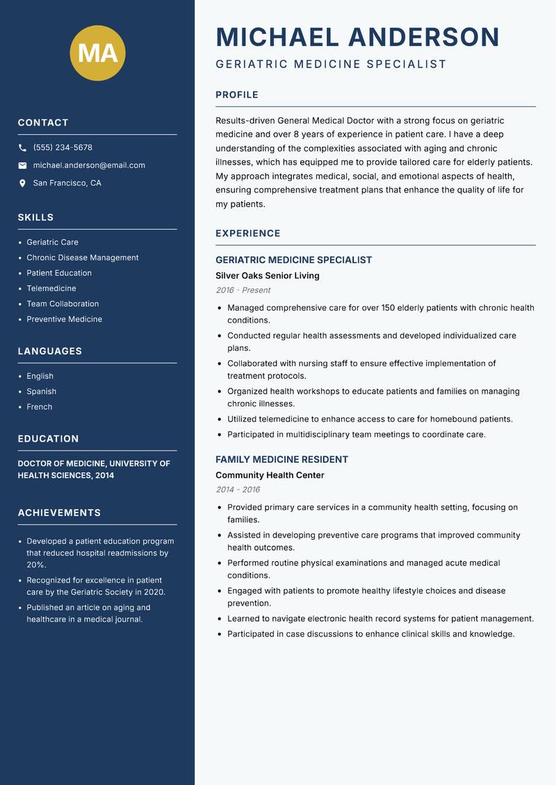 General Medical Doctor resume sample — Geriatric Medicine Specialist focus
