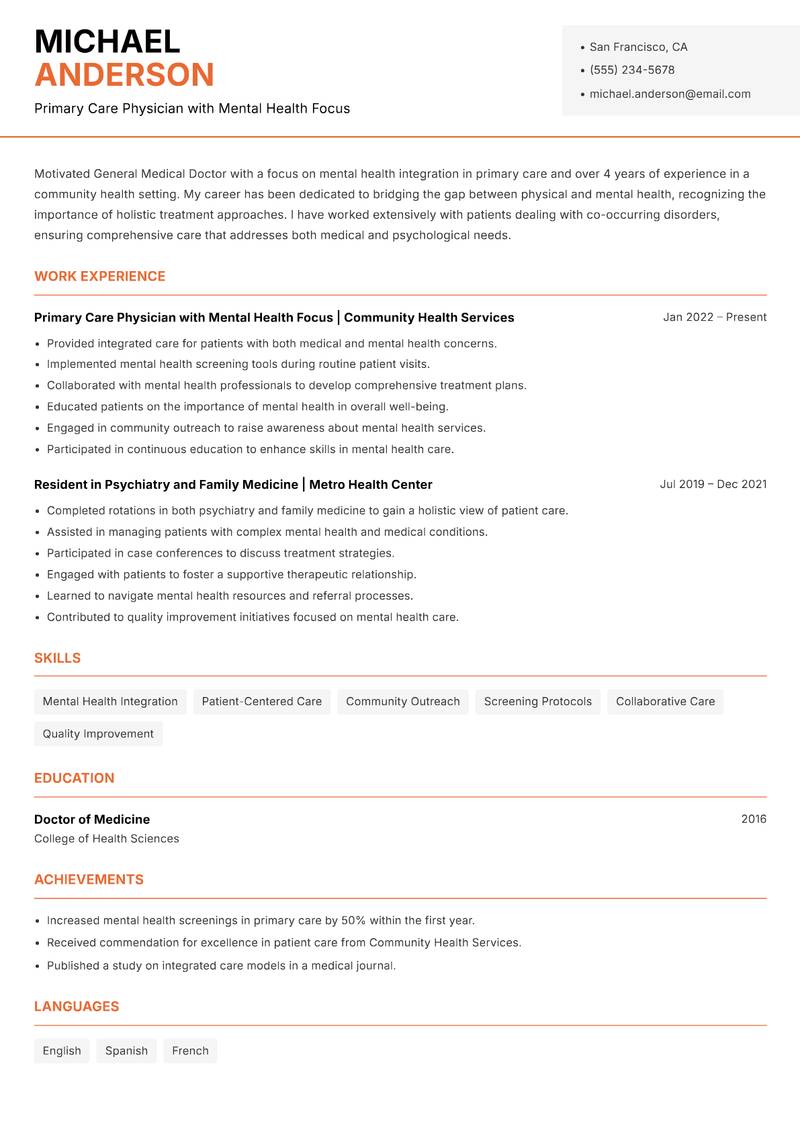 General Medical Doctor resume sample — Primary Care Physician with Mental Health Focus focus