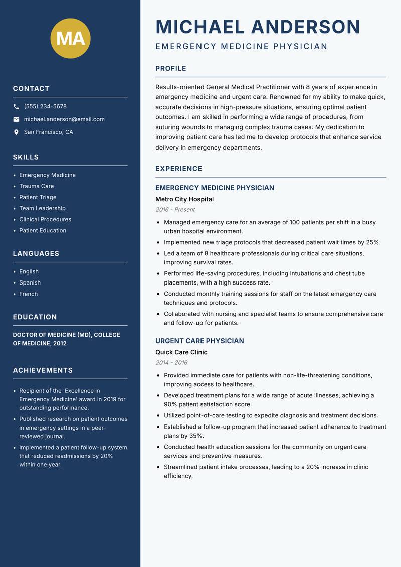 General Medical Practitioner resume sample — Emergency Medicine Physician focus