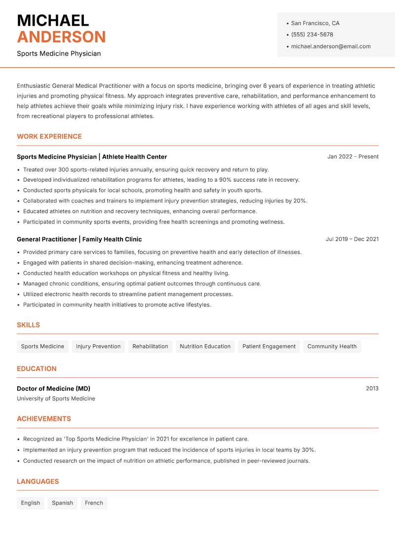 General Medical Practitioner resume sample — Sports Medicine Physician focus