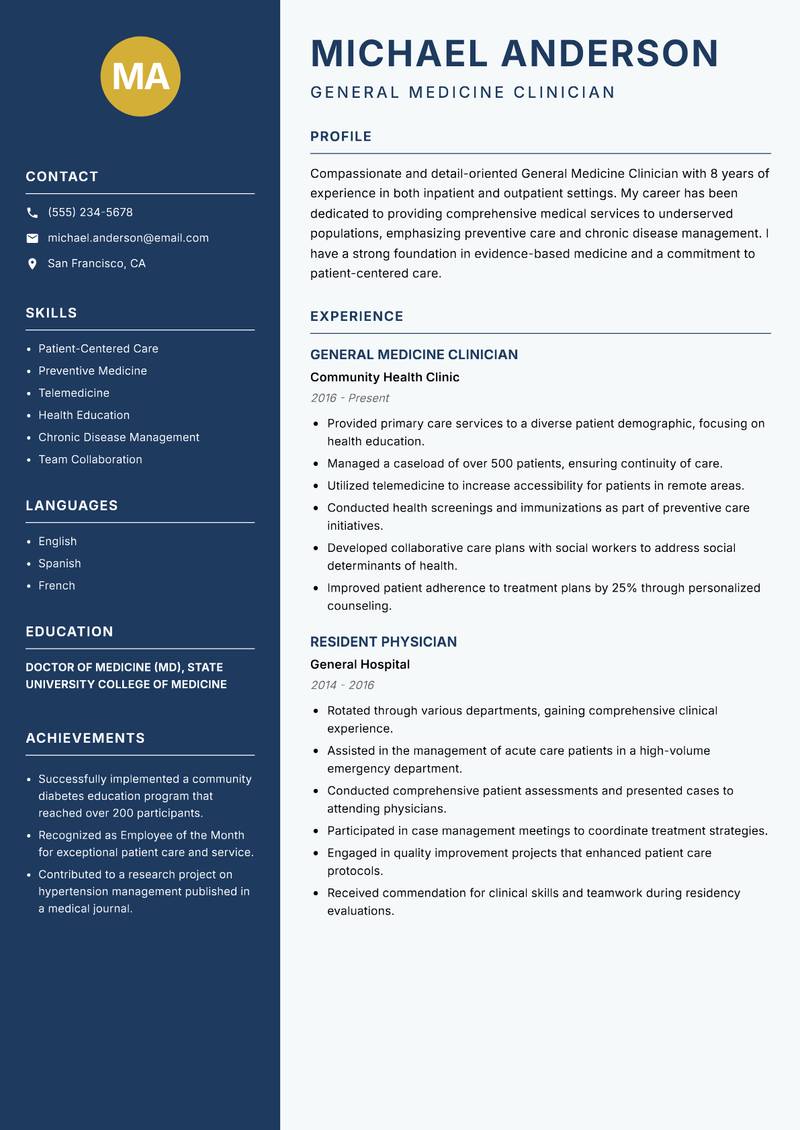General Medicine Clinician resume sample — General Medicine Clinician focus