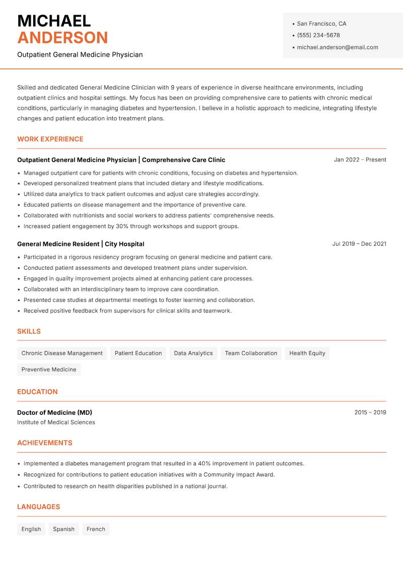 General Medicine Clinician resume sample — Outpatient General Medicine Physician focus