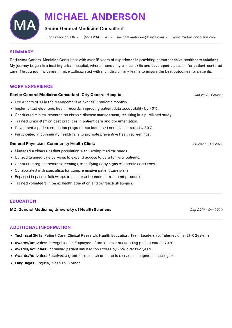 General Medicine Consultant resume example