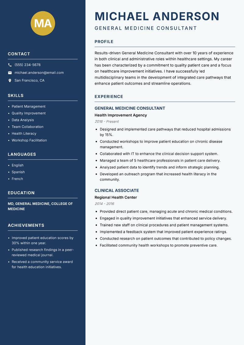 General Medicine Consultant resume sample — General Medicine Consultant focus