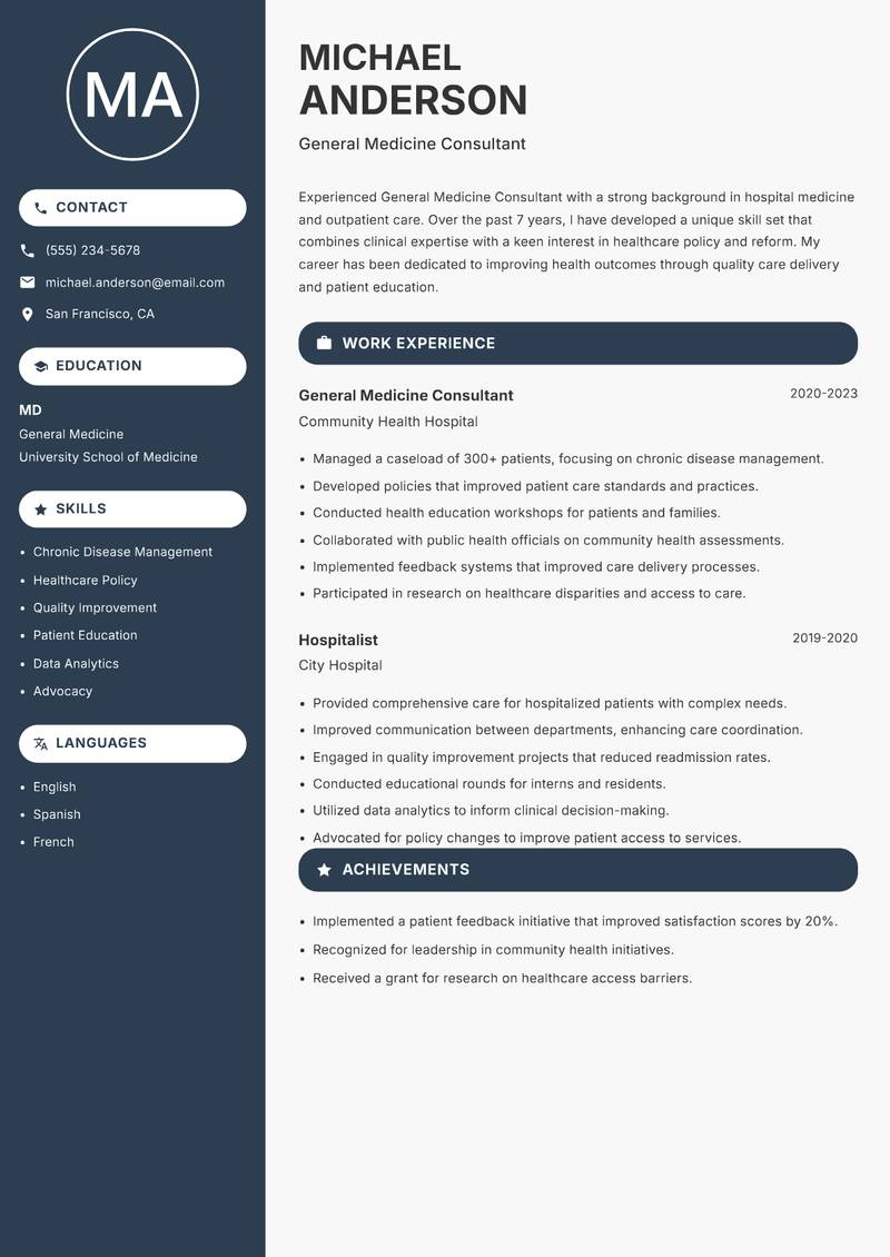 General Medicine Consultant resume sample — General Medicine Consultant focus