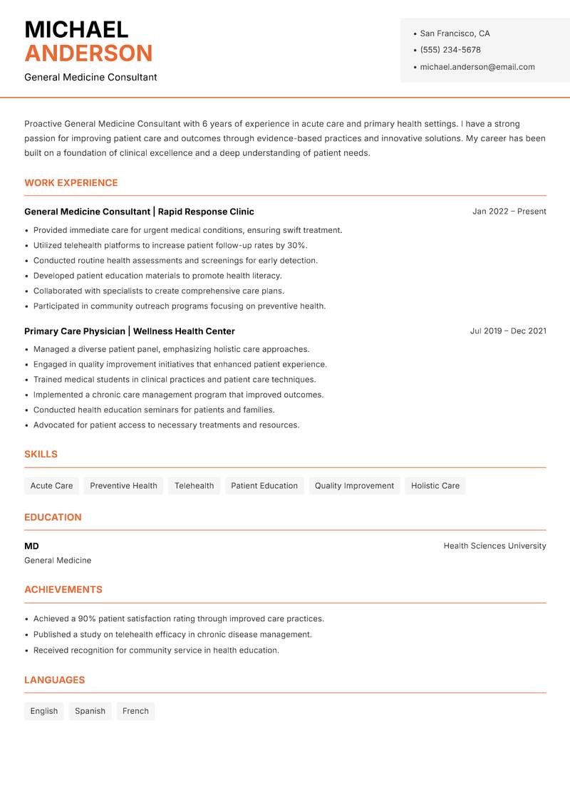 General Medicine Consultant resume sample — General Medicine Consultant focus