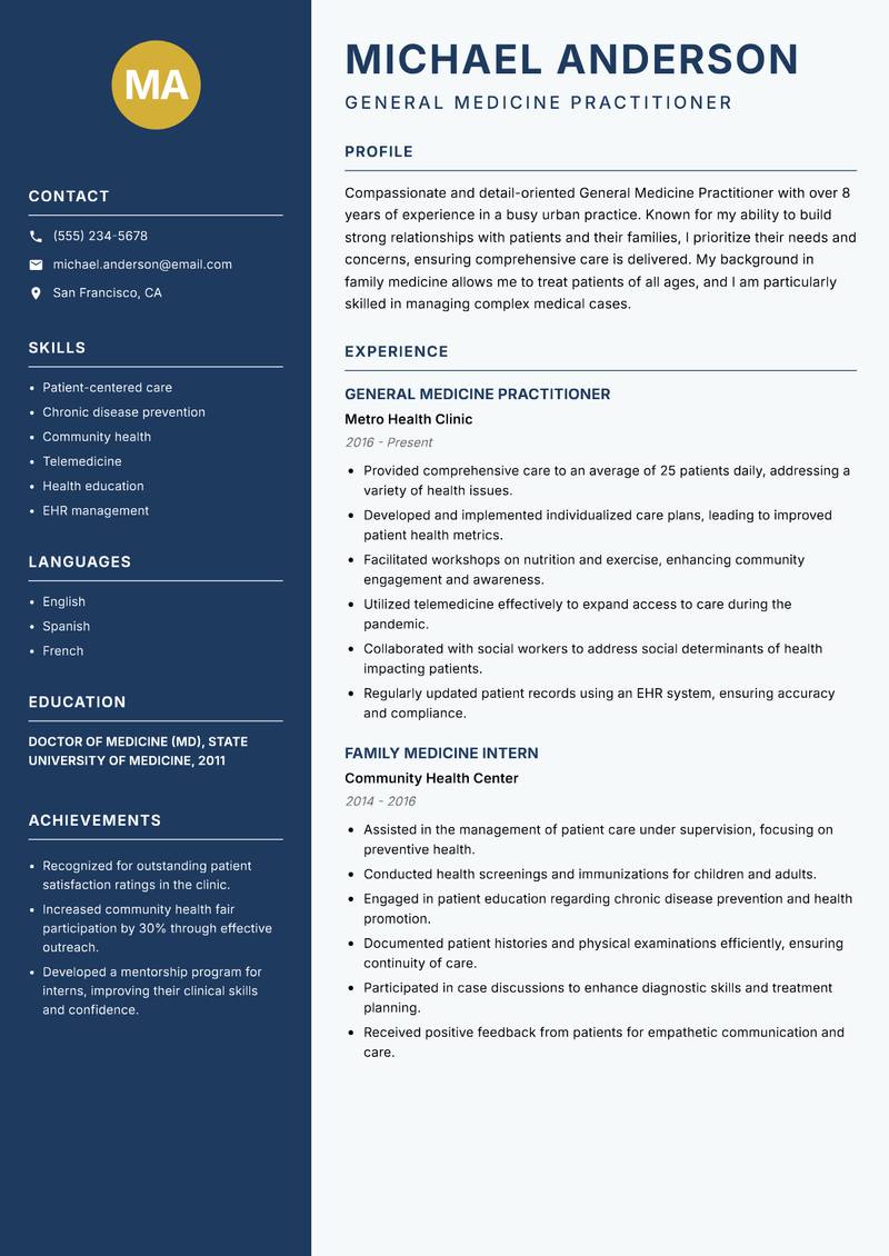General Medicine Practitioner resume sample — General Medicine Practitioner focus