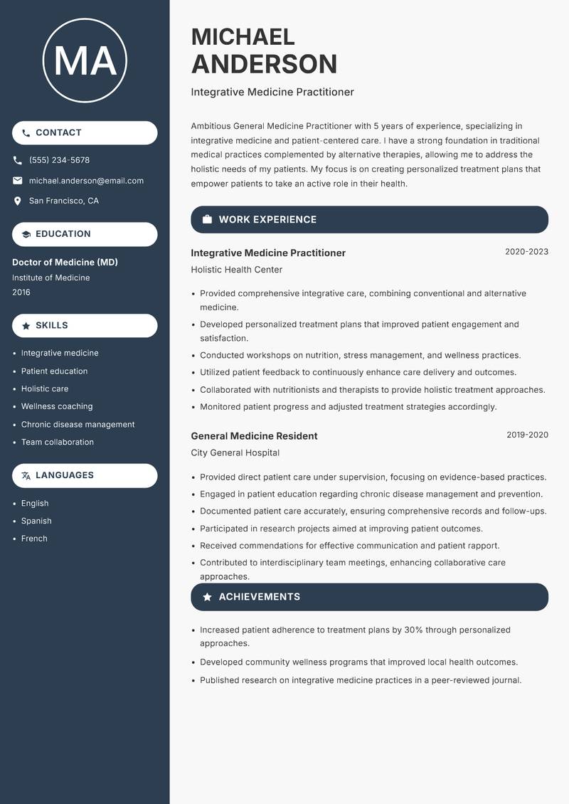 General Medicine Practitioner resume sample — Integrative Medicine Practitioner focus