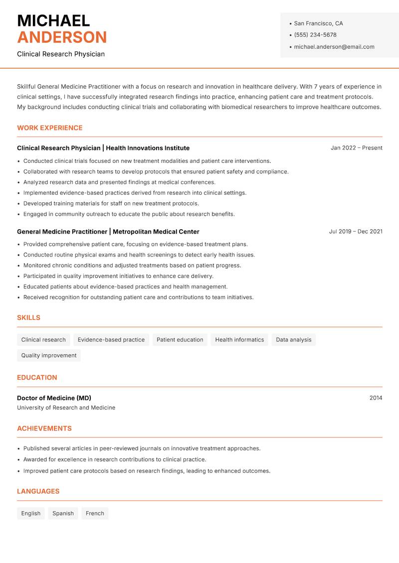 General Medicine Practitioner resume sample — Clinical Research Physician focus