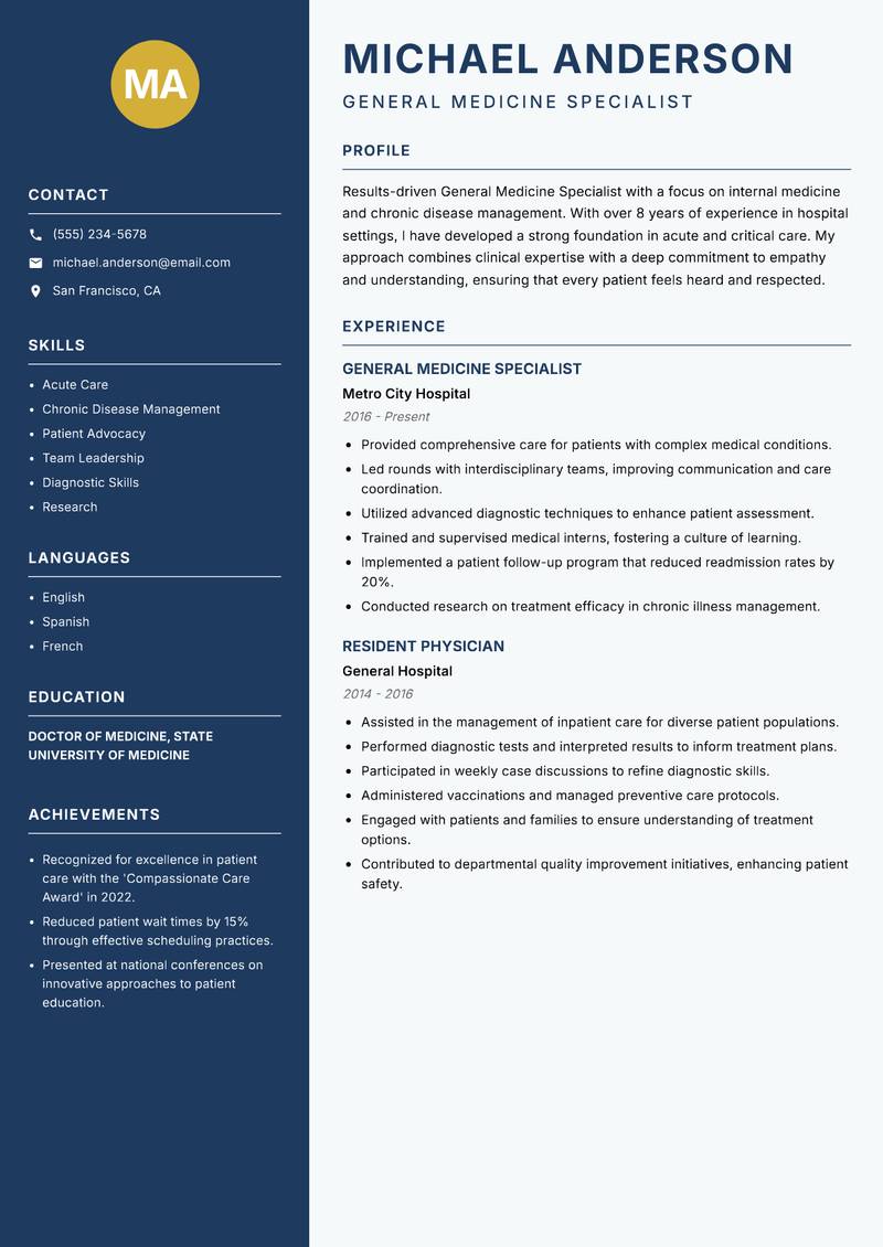 General Medicine Specialist resume sample — General Medicine Specialist focus
