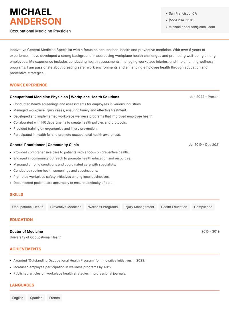 General Medicine Specialist resume sample — Occupational Medicine Physician focus