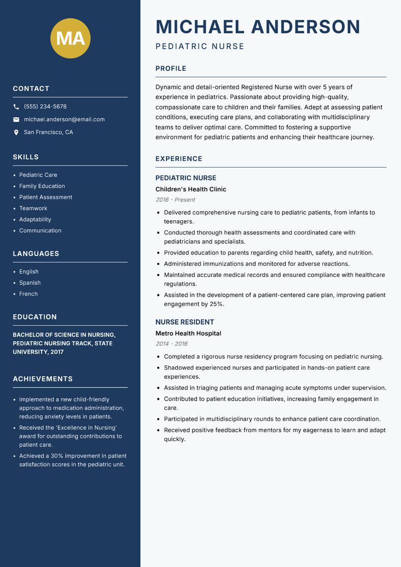 General Nurse resume sample — Pediatric Nurse focus