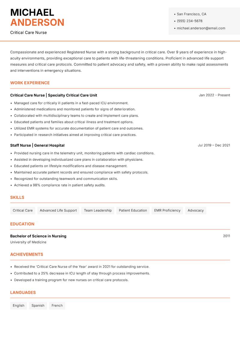 General Nurse resume sample — Critical Care Nurse focus