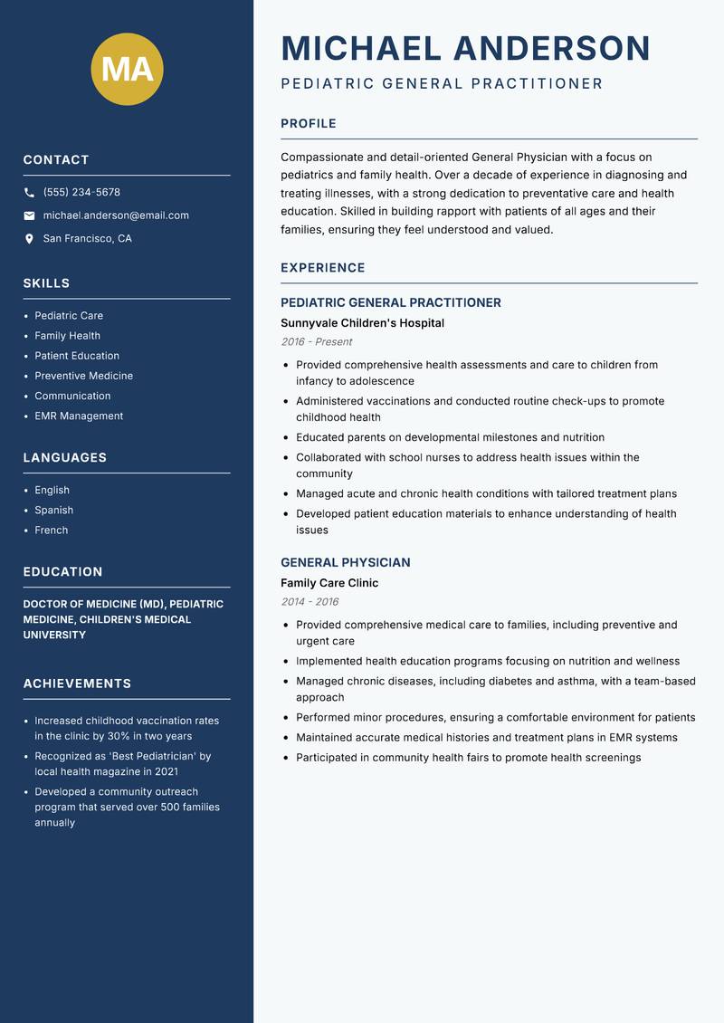 General Physician resume sample — Pediatric General Practitioner focus