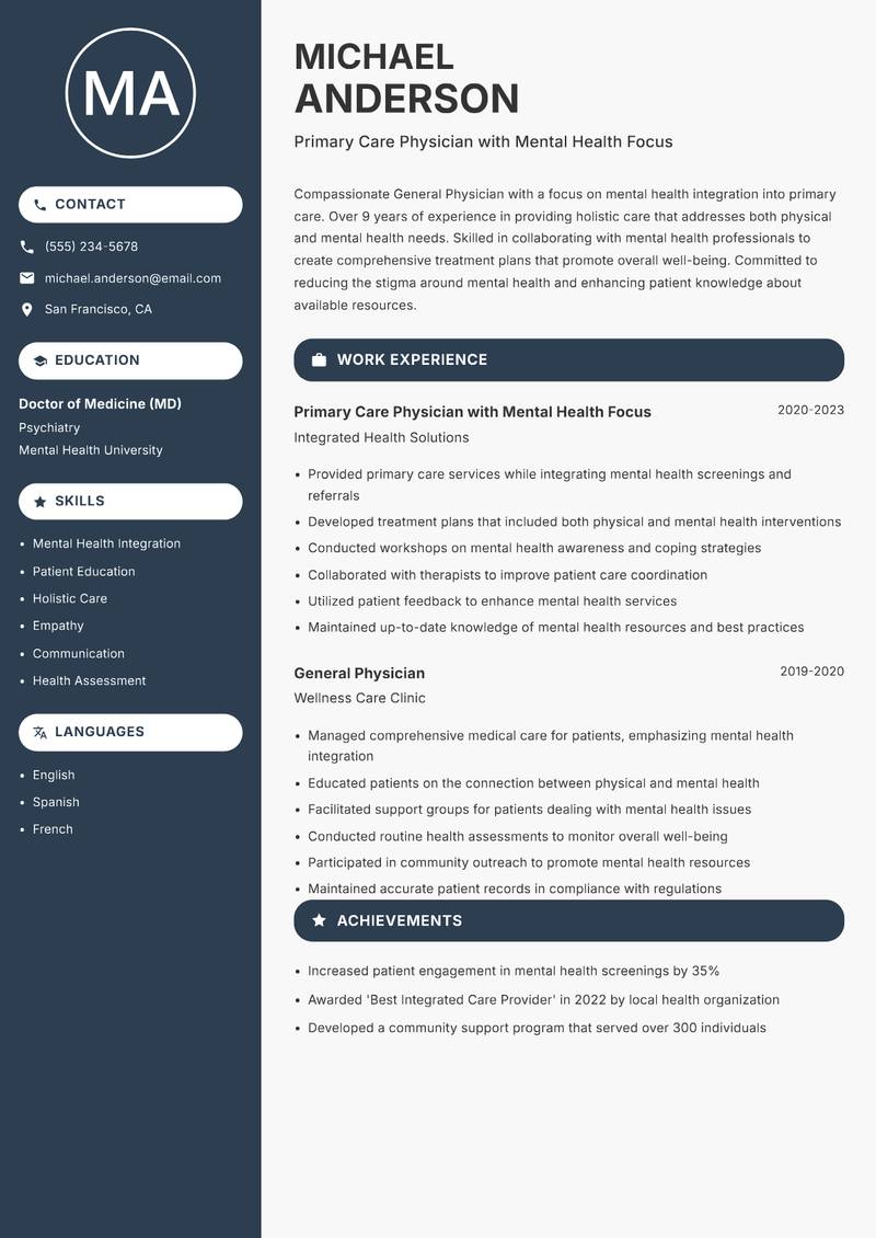 General Physician resume sample — Primary Care Physician with Mental Health Focus focus