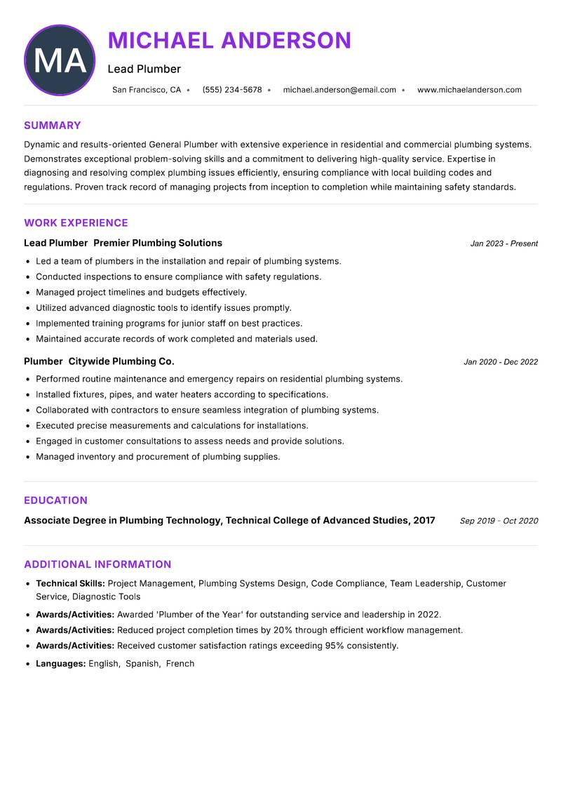 General Plumber resume example