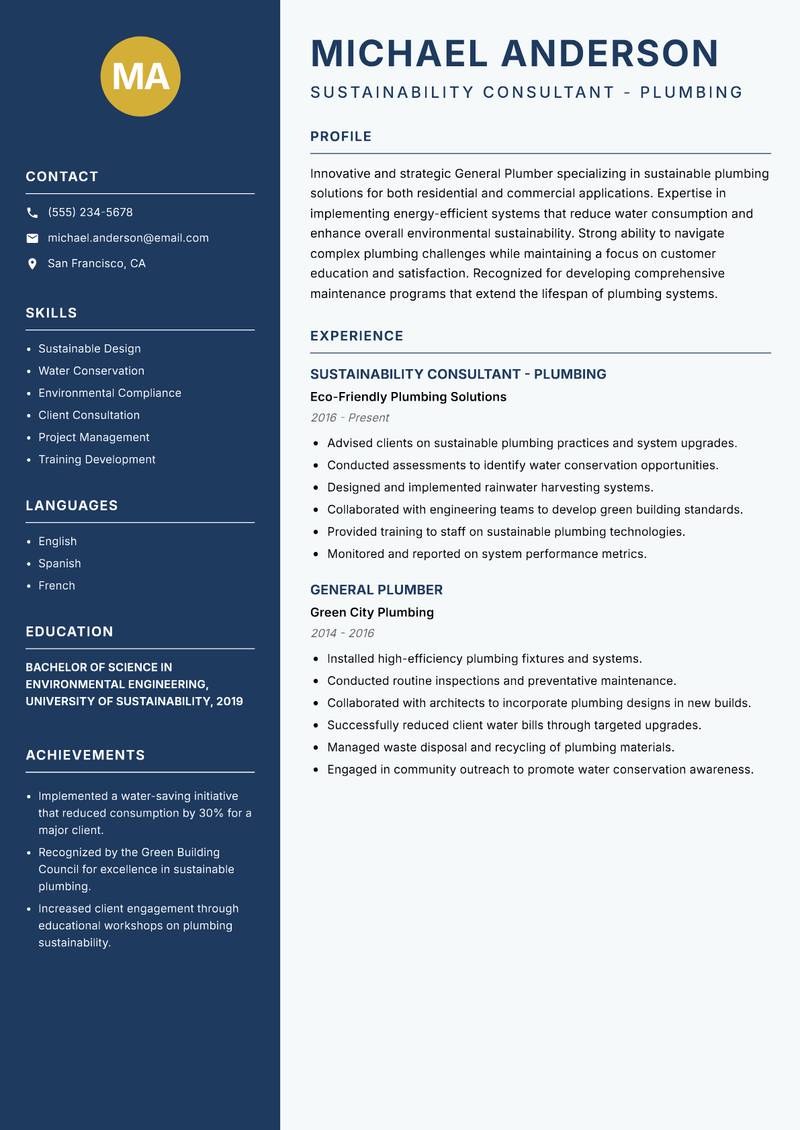 General Plumber resume sample — Sustainability Consultant - Plumbing focus