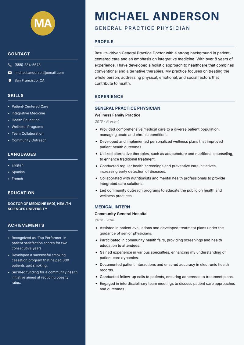 General Practice Doctor resume sample — General Practice Physician focus